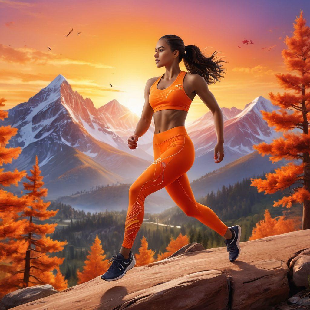 A dynamic athlete showcasing a stylish and functional performance outfit in motion, with a backdrop of a vibrant sunrise reflecting energy and passion. The scene should capture a sense of affection, featuring warm colors, playful elements like heart shapes subtly integrated in the apparel, and a hint of nature like trees or mountains in the distance. The overall atmosphere is invigorating and inspiring, encouraging an active lifestyle. super-realistic. vibrant colors.