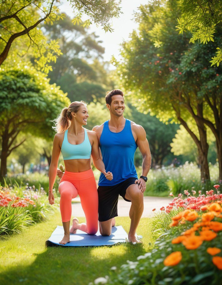 A joyful couple exercising together in a sunny park, surrounded by vibrant flora, showing the bond of affection through shared moments of fitness. Include weights, yoga mats, and water bottles, with smiles and laughter to embody love and teamwork. Bright blue sky and soft sunlight highlighting their energy. super-realistic. vibrant colors.